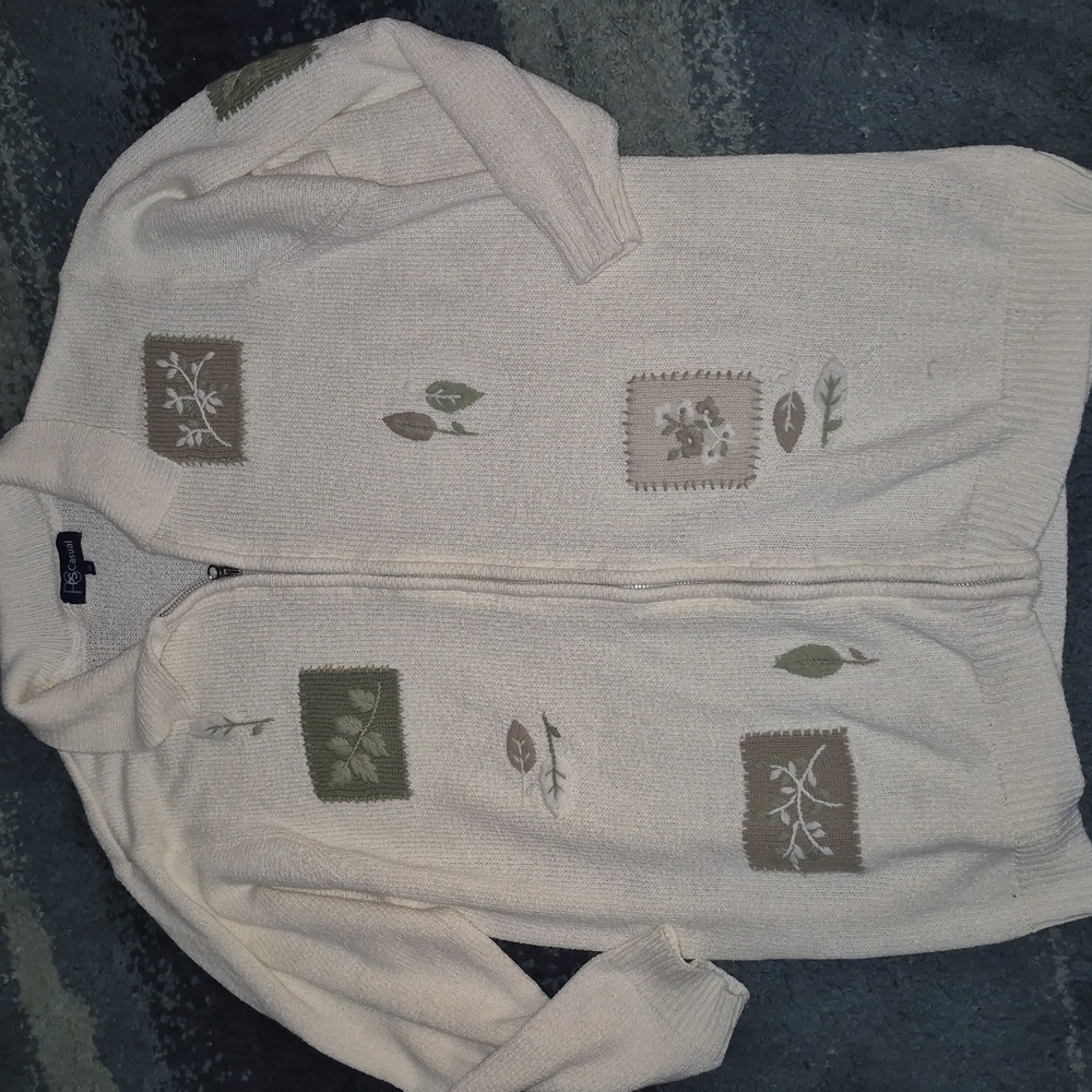 Vintage Ps Casual Cream Cardigan with Nature Motifs Size 1x